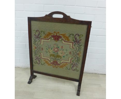 Oak fire screen with a tapestry insert, 75cm high 