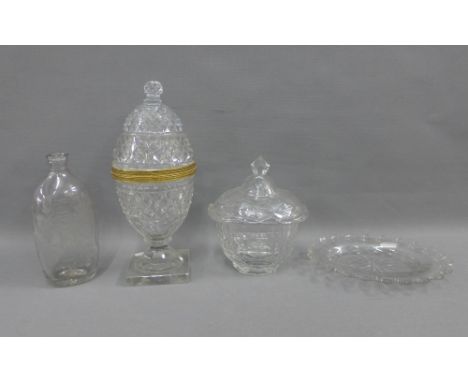 Georgian glass to include a gilt metal mounted urn vase and cover, cut glass jar and cover and stand together with an etched 