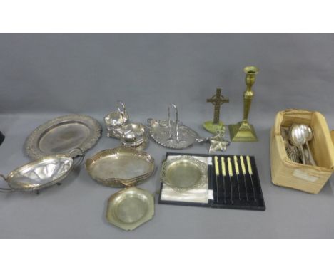 Carton containing mixed metal wares to include brass candlestick, Iona cross on a green hardstone base, cased flatware sets, 