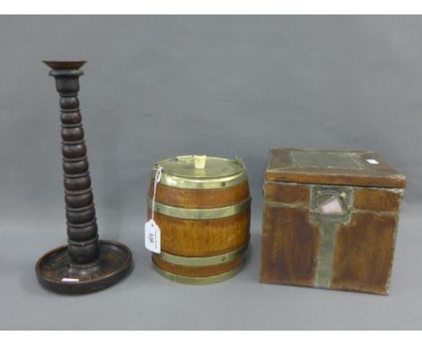 Oak and Epns mounted ice bucket, oak candlestick and a metal clad box, tallest 31cm  (3)