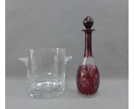 Glass ice bucket and a ruby glass decanter and stopper,  tallest 37cm (2) 