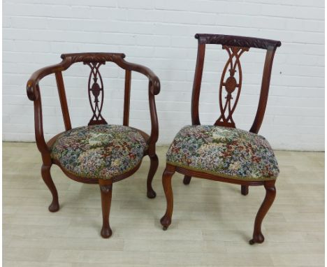 Mahogany corner chair with floral tapestry upholstered seat together with a matching side chair, 90 x 51 (2) 