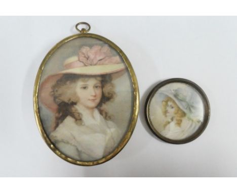 Small circular portrait miniature on ivory of a lady in a wide brimmed hat, signed indistinctly, 5cm diameter, together with 