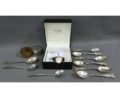 Lady's Rotary wrist watch, three silver teaspoons, silver napkin ring and horn napkin ring, five Edinburgh silver teaspoons, 