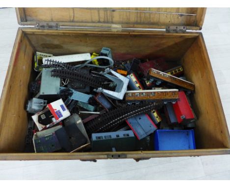 Vintage train set to include engines, track and accessories, etc, contained within a pine storage box  (a lot) 