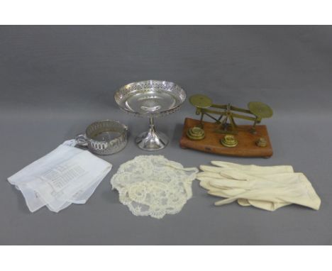 Epns sweetmeat dish, white metal mounted glass jug, brass postal scales, vintage gloves, lace doilies, etc (a lot)