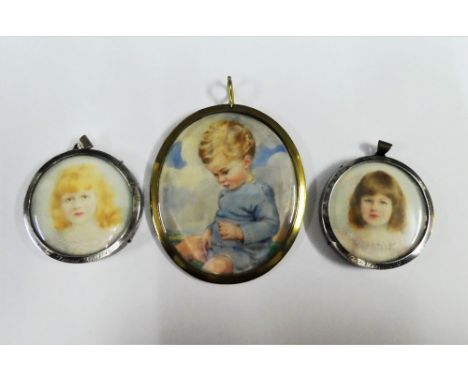 Two Edwardian portrait miniatures on ivory of sisters Jean &amp; Diana Ross, contained within circular silver frames, approx 