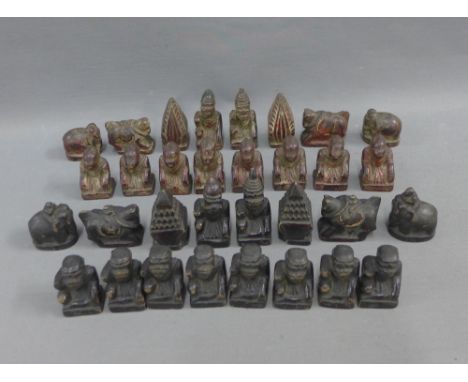 Wooden chess pieces , contained within a vintage Empress Tea box (a lot) 