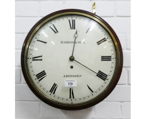 Mahogany cased fusee wall clock, the enamel dial with Roman numerals and inscribed Barron &amp; Son, Aberdeen, 38cm diameter