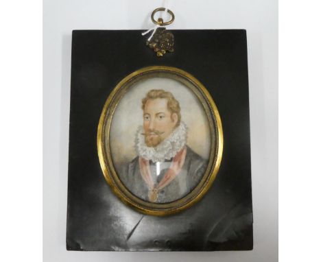 19th century portrait miniature on ivory of the Earl of Leicester, contained within a glazed and ebonised frame with a rose a