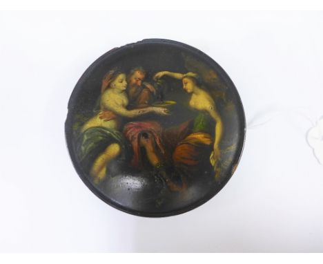 19th century Stobwasser papier mache snuff box, the circular lid painted and entitled 'Lot und siene tochter' (Lot and his Da