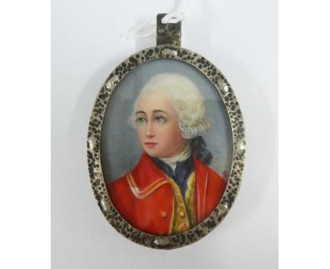 Portrait miniature on ivory of a Gentlemen wearing a military jacket, contained within a white metal frame,  5.5 x 4cm 