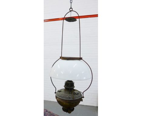 Hanging oil lamp with white glass shade together with a collection of funnels and shades (a lot) 