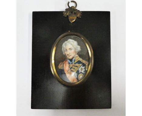 19th century portrait miniature on ivory of Viscount Lord Nelson, after John Hoppner, contained within a glazed and ebonised 