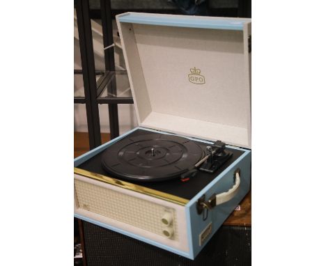 Blue GPO Bermuda retro 3 speed record player, MP3 player and digital recorder, RRP £134.99. This lot is not available for in-