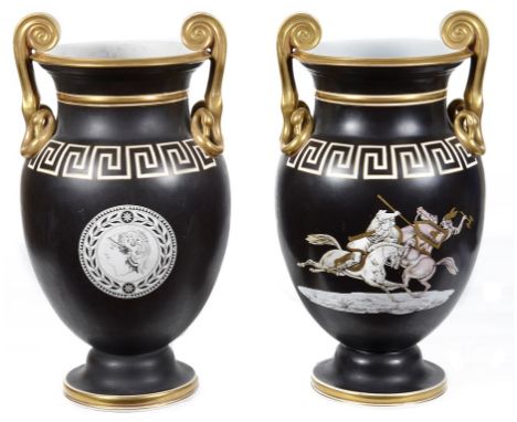 Two Pairs of Decorative Volute Kraters:19th century, the ceramic pair with gilded volute handles terminating in swans' heads,