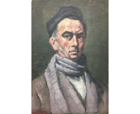 A mid-20th century portrait study of a gentleman wearing a scarf, oil on canvas laid on board, H 60 x W 45 cm