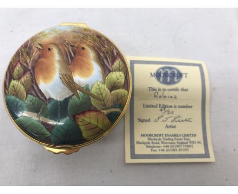 A boxed Limited Edition Moorcroft enamel trinket box "Robins" No 43/50 with certificate