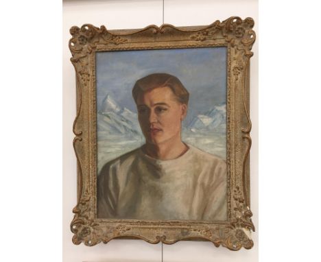 Richard Sherrin (1909-1998):Portrait of a gentleman with mountains beyond, oil on canvas, H 45 x W 34 cm.  Note: Richard Sher