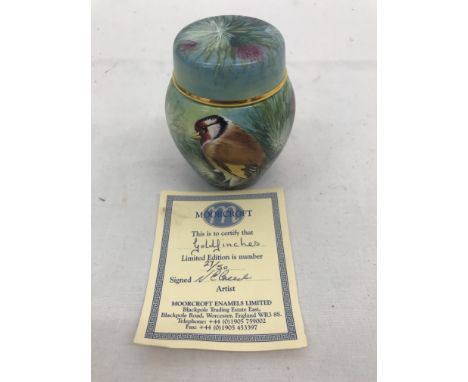 A rare boxed Limited Edition Moorcroft enamel ginger jar "Goldfinches" No 27/50 by N Creed with certificate