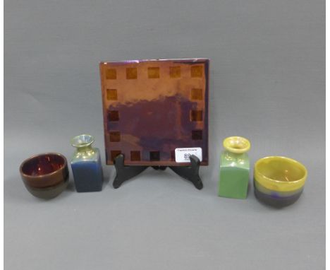 Margery Clinton lustre glazed pottery to include a square tile, two tea bowls and two small vases, tallest 8cm (5) 