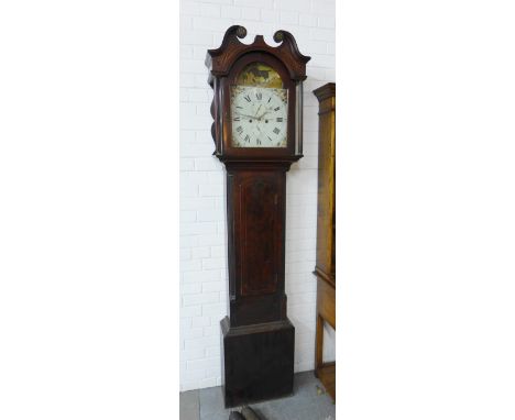 19th century mahogany longcase clock by Hendric Ogg of Dunfermline, with a broken swan pediment over a painted horse and farr