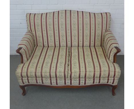 Two seater sofa of traditional form with red striped upholstery, on cabriole legs, 45 x 21 x 28cm 