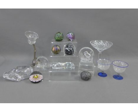 Collection of art glass paperweights, an clear glass block and a molten style vase / goblet, (14) 