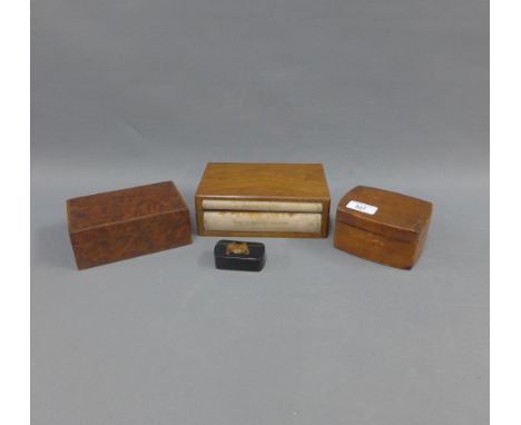 Collection of boxes to  include in the form of two books, burrwood box, leather covered box containing five various fruit kni