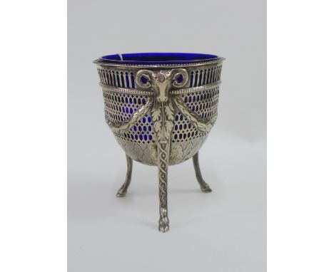 18th century silver sugar basin, with classical pierced body, rams mask heads, laurel leaves and raised on three hoof feet, w