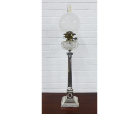 Epns corinthian column Hinks Duplex oil lamp and shade, 70cm high to bottom of shade&nbsp;