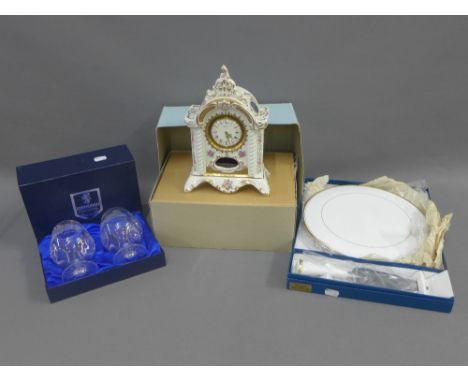 A boxed pair of Edinburgh crystal goblets, a boxed Royal Worcester cake plate and slice and a modern porcelain cased mantle c