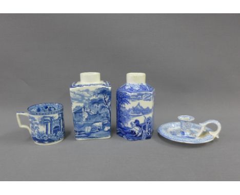 Staffordshire blue and white transfer printed pottery to include a Cauldon hexagonal caddy type vase, British Scenery pattern