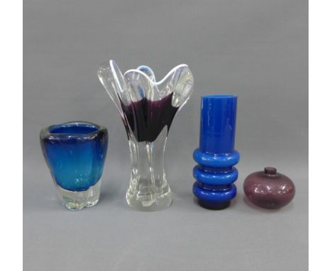 Collection of mid century art glass to include a 1960's cased glass vase, likely Scandinavian, (4) tallest 26cm 