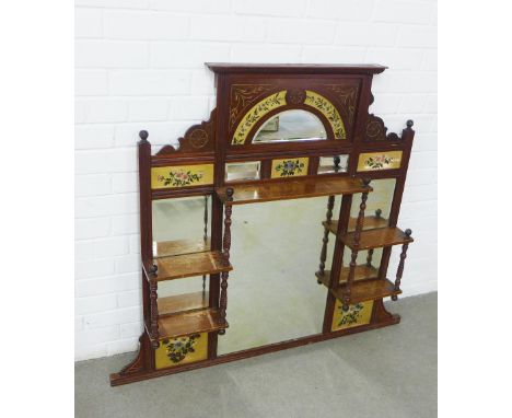 Aesthetic overmantle mirror with shelves and floral gilt painted panels, 122 x 107cm 