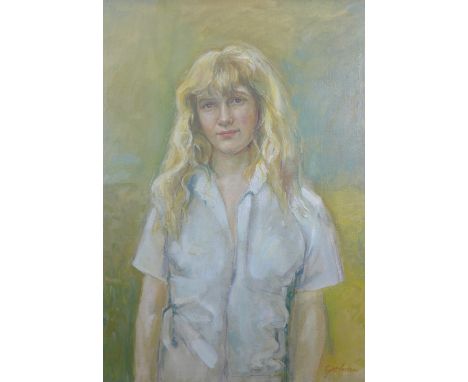 Goodman, half length portrait  of a girl with long blonde hair, oil on canvas, signed and framed, 57 x 78cm 