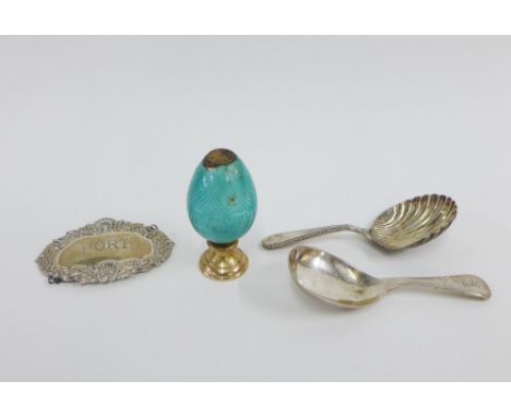 Enamel and silver gilt pomander, wine label for PORT, a silver caddy spoon and another (4)  