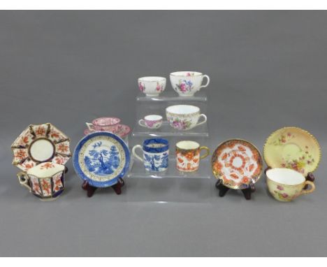 Collection of various china and porcelain cups and saucers to include Booths, Imari and Royal Worcester and a miniature Helen