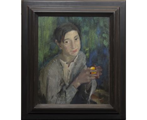 * JOHN DANIEL REVEL ROI RP (SCOTTISH 1884 - 1967), THE GIRL WITH AN ORANGEoil on canvas, signed 51cm x 42cm (20 x 16.5 inches