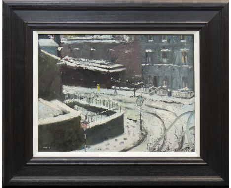 * ROBERT HENDERSON BLYTH RSA RSW (SCOTTISH 1919 - 1970), WINTER IN EDINBURGHoil on board, signed36cm x 47cmFramedLabel verso: