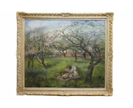 HANNAH CLARKE PRESTON MACGOUN RSW (SCOTTISH 1867 - 1913),CHILDREN PLAYING IN AN ORCHARDoil on canvas, signed71cm x 84cmFramed