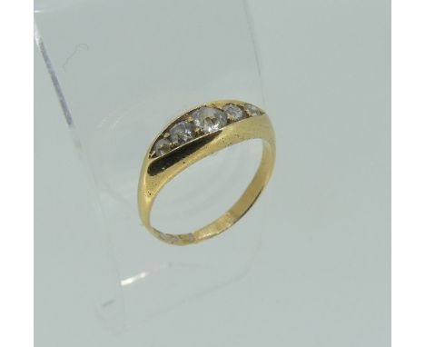 A graduated five stone diamond Ring,&nbsp;the largest old cut stone c.¼ct, all in a boat shaped mount, the yellow gold shank 
