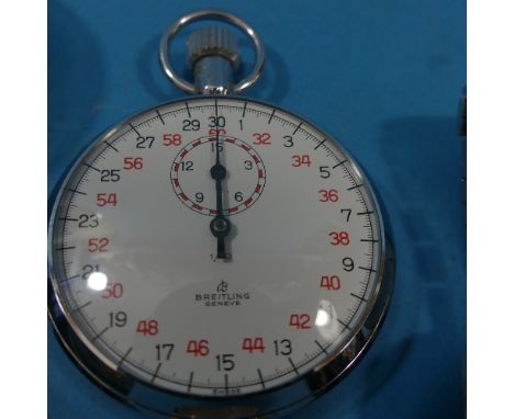 A vintage Breitling chrome Stopwatch, with white enamel dial and Arabic red and black numerals, together with a gold plated h