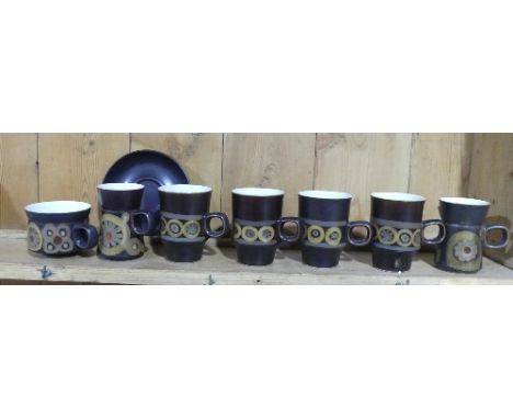 A small quantity of Denby,&nbsp;including five Denby Cups, one with Saucers, etc, together with a pair of lignum vitae balls 