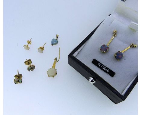 A pair of small opal and diamond flowerhead cluster Earrings,&nbsp;all mounted in 9ct yellow gold, together with a small opal