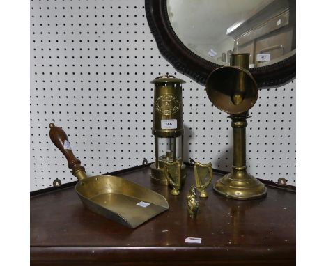 A mixed Quantity of Brass; including a Miners Lamp, other Lamp, Coal Shovel, a brass Vesta case and two brass Harp ornaments 