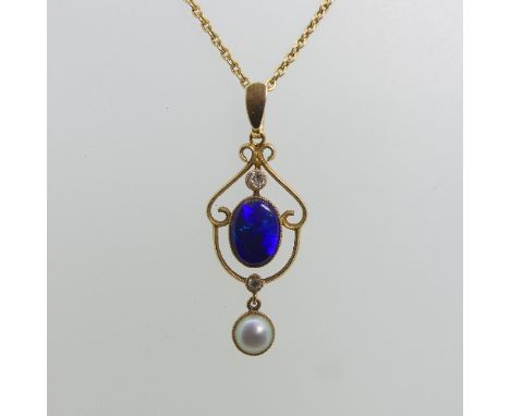 An opal, pearl and diamond Pendant, the scrolling openwork mount set in the centre with an oval cabochon opal with striking b