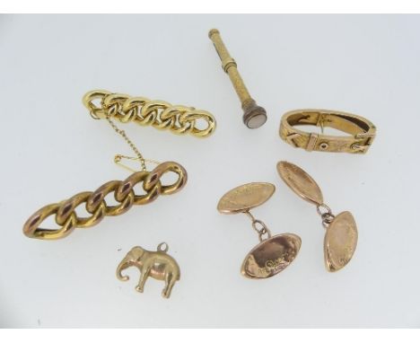 A 9ct yellow gold Scarf Ring, of hinged buckle form, together with a pair of damaged 9ct gold cufflinks, a small elephant cha