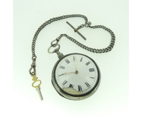 A George III silver pair cased fusee Pocket Watch, London, 1812, the white enamel dial with Roman numerals, gilt movement, re