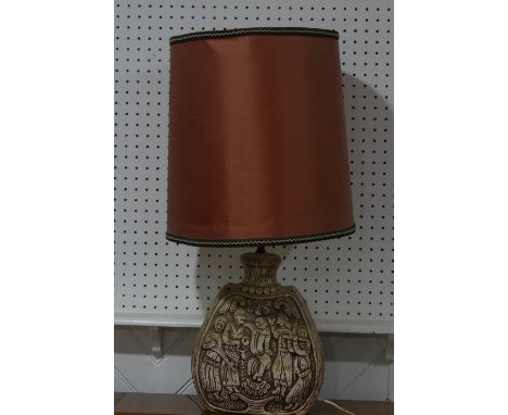 A retro Troika-style Lamp base and Shade, with moulded decoration in relief, with hollow base, 30in (80cm) high (including sh